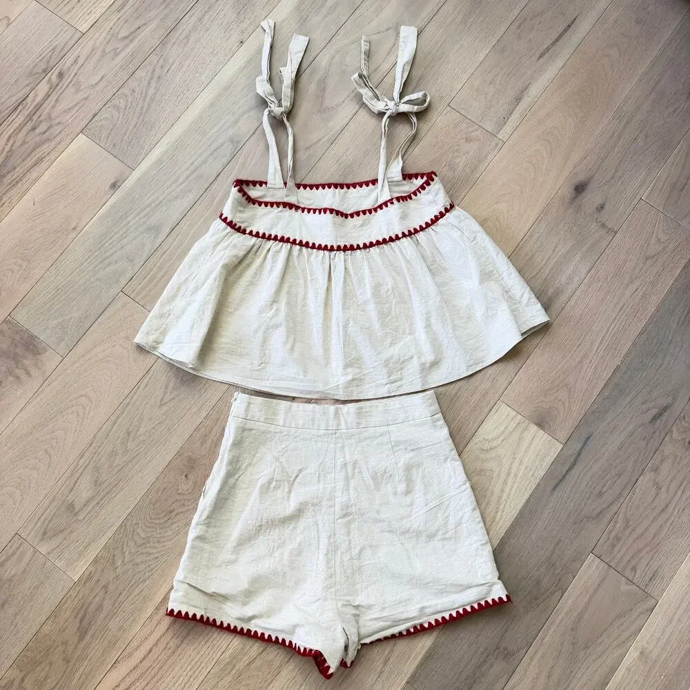Miou Muse Emily Linen Blend Red Trim Two‑Piece Outfit Set Women’s Small